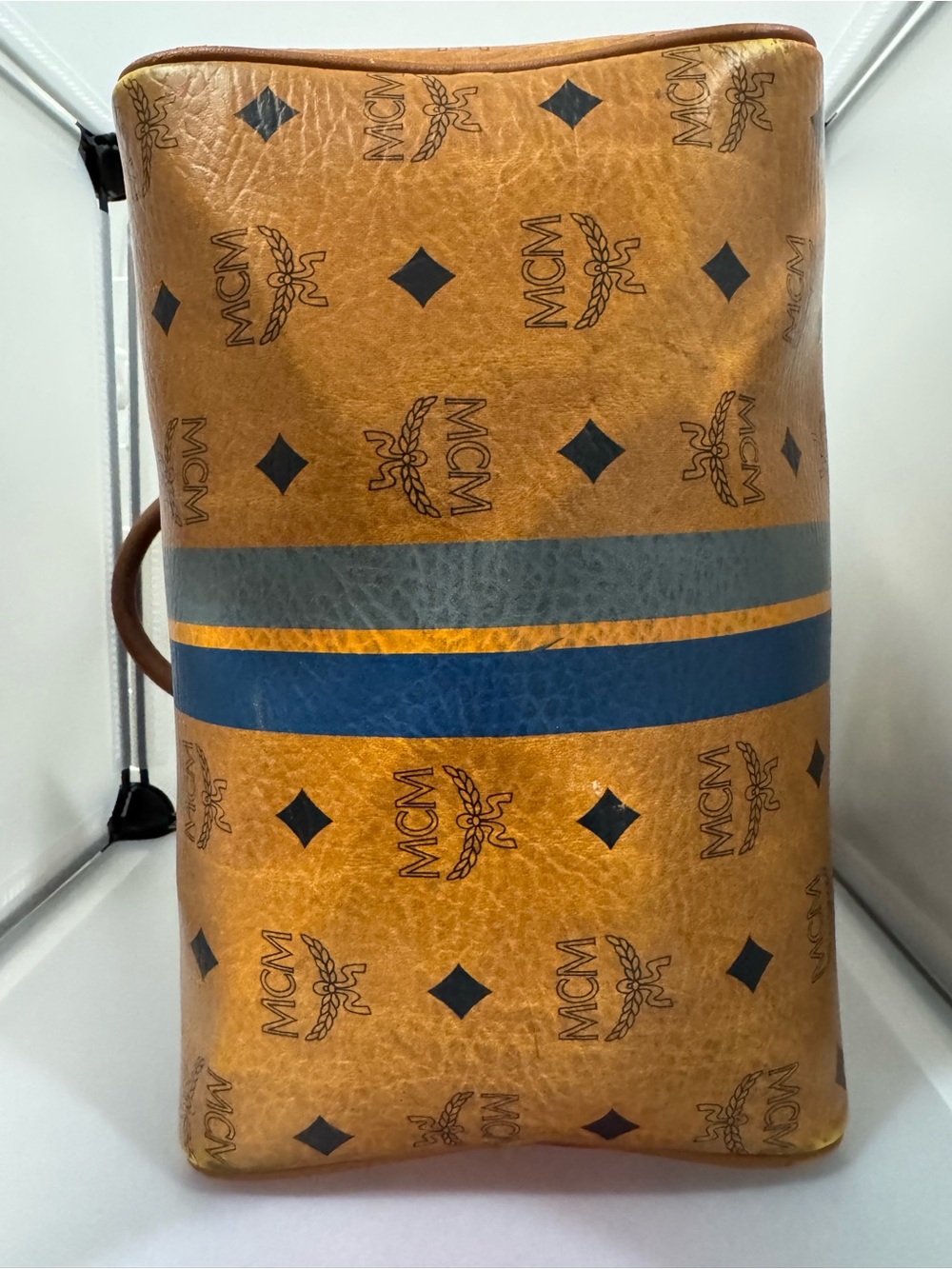 MCM Cognac Visetos Bowling Bag with Navy and Gold Stripe - Picture 11 of 15